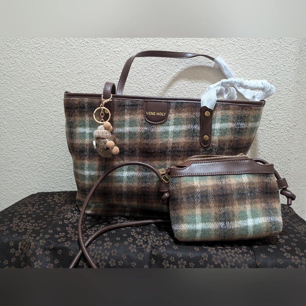 Plaid soft tote bag with keychain, and a small cosmetic bag with shoulder strap.
